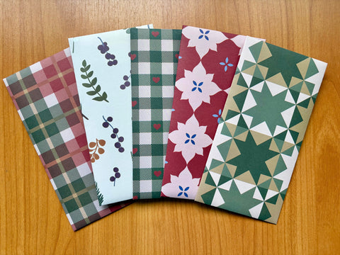Gorgeous green and red plaid and geometric designs double-sided money envelopes in jumbo size--set of 5 for Eid and Christmas
