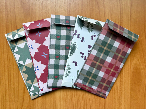 Gorgeous green and red plaid and geometric designs double-sided money envelopes in jumbo size--set of 5 for Eid and Christmas