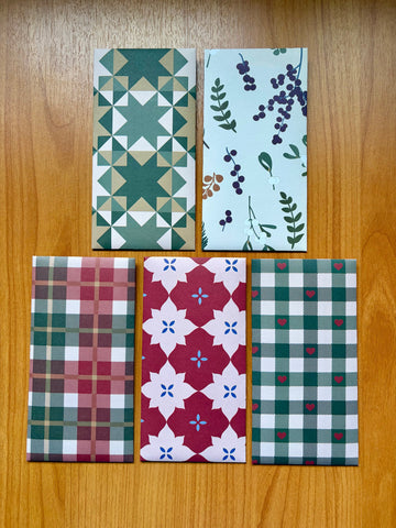 Gorgeous green and red plaid and geometric designs double-sided money envelopes in jumbo size--set of 5 for Eid and Christmas