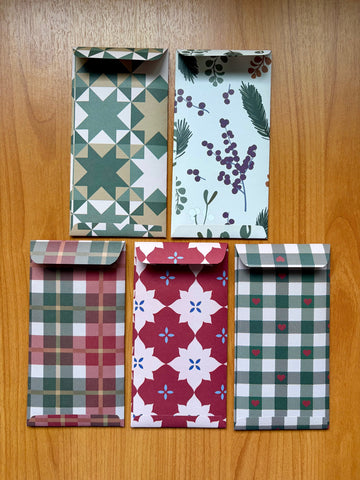 Gorgeous green and red plaid and geometric designs double-sided money envelopes in jumbo size--set of 5 for Eid and Christmas