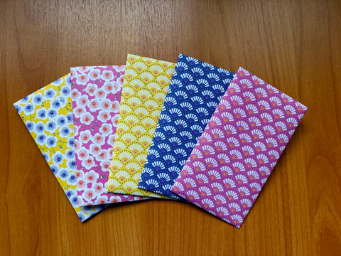 Bright pink and yellow fans and flowers money envelopes--set of 5 for Christmas, CNY and Eid for kids