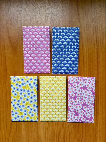 Bright pink and yellow fans and flowers money envelopes--set of 5 for Christmas, CNY and Eid for kids