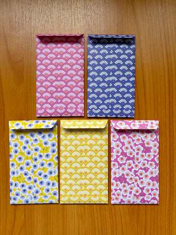 Bright pink and yellow fans and flowers money envelopes--set of 5 for Christmas, CNY and Eid for kids
