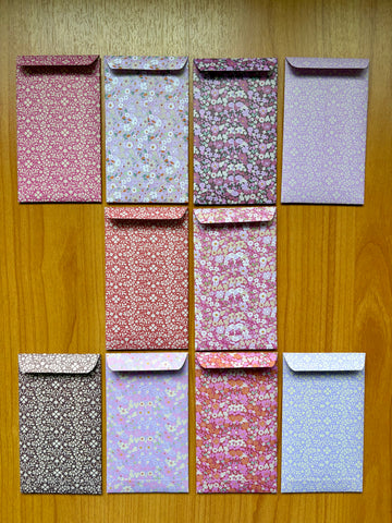 Red and lilac petite florals origami money envelopes--set of 10 in tall design, for kids, Chinese New Year, Christmas, voucher holders
