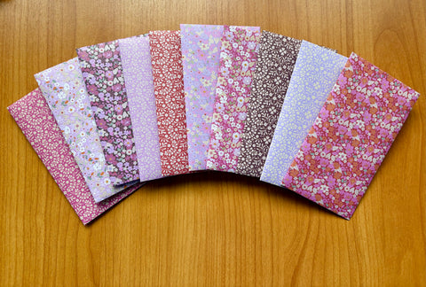 Red and lilac petite florals origami money envelopes--set of 10 in tall design, for kids, Chinese New Year, Christmas, voucher holders