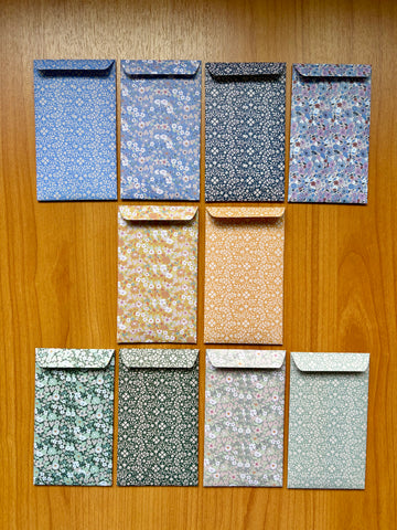 Blue, green and mustard petite florals origami money envelopes--set of 10 in tall design, for kids, Eid, Christmas