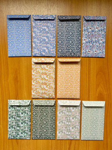 Blue, green and mustard petite florals origami money envelopes--set of 10 in tall design, for kids, Eid, Christmas