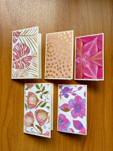 Delicate pink mini notecards with shiny and textured floral designs--set of 5 for girlfriends, Mother's Day, Christmas, co-workers