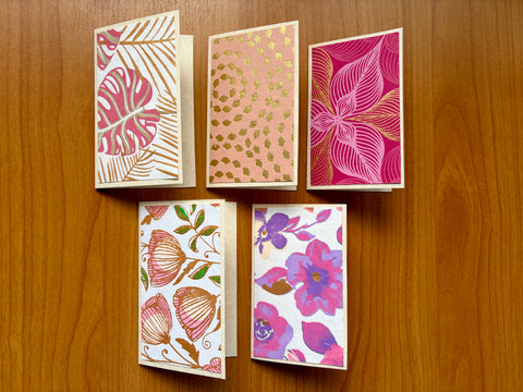 Delicate pink mini notecards with shiny and textured floral designs--set of 5 for girlfriends, Mother's Day, Christmas, co-workers