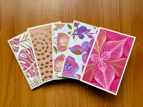 Delicate pink mini notecards with shiny and textured floral designs--set of 5 for girlfriends, Mother's Day, Christmas, co-workers