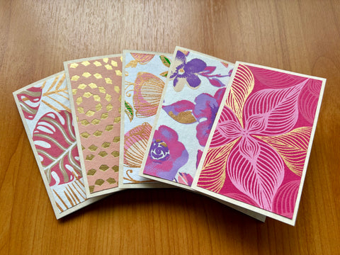 Delicate pink mini notecards with shiny and textured floral designs--set of 5 for girlfriends, Mother's Day, Christmas, co-workers