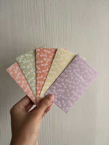 Colourful pastel dragonflies money envelopes for kids in tall size--set of 5 for Eid, Christmas, Chinese New Year and birthdays