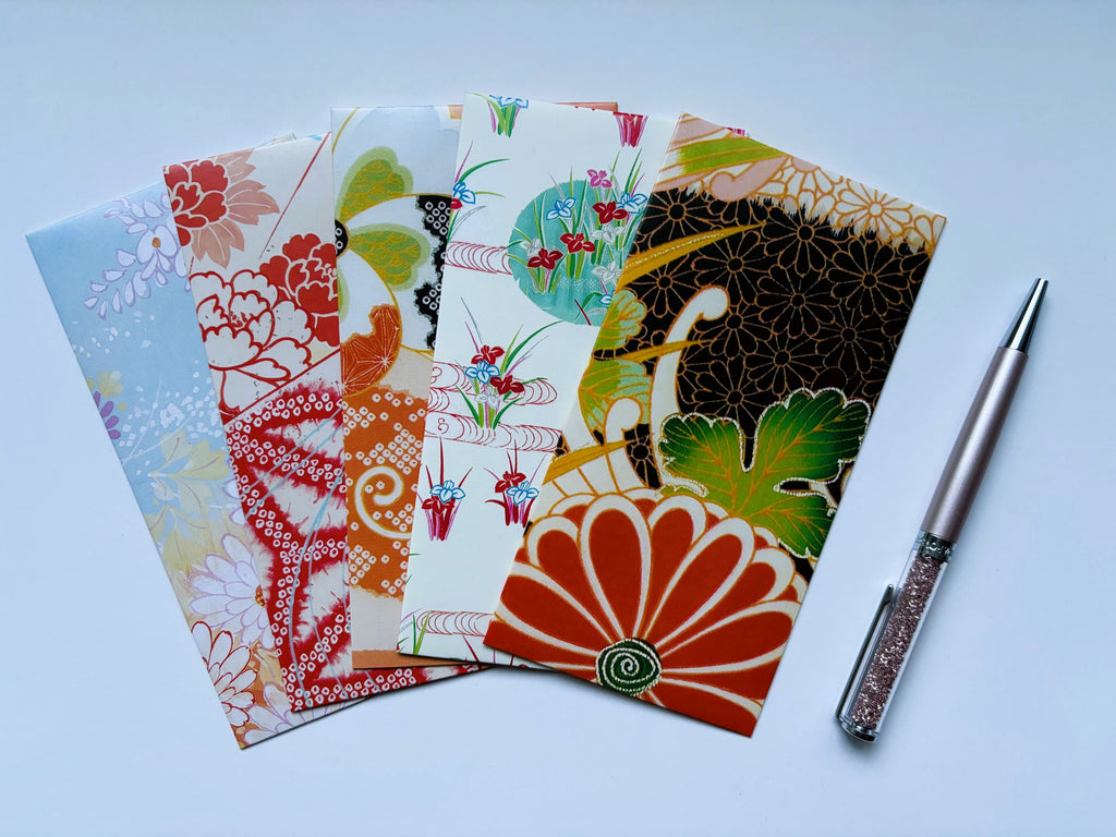 Glossy kimono motifs in orange tones money envelopes in jumbo and wide sizes--set of 5 for CNY and Christmas