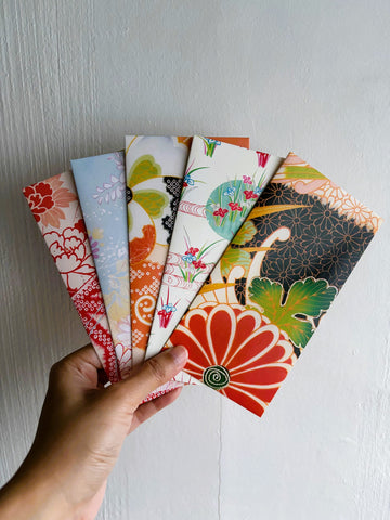 Glossy kimono motifs in orange tones money envelopes in jumbo and wide sizes--set of 5 for CNY and Christmas