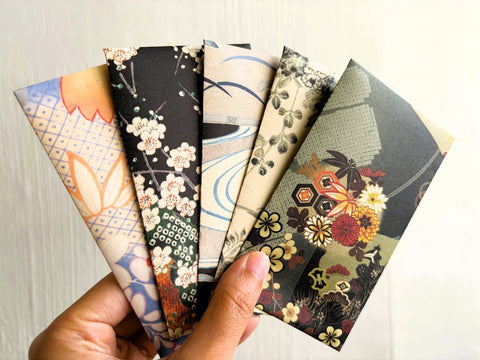 Vintage kimono designs on matte paper in black, white and blue shades--set of 5 in tall or jumbo size