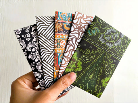 Green, black and gold geometric and batik money envelopes--set of 5 in wide or jumbo size