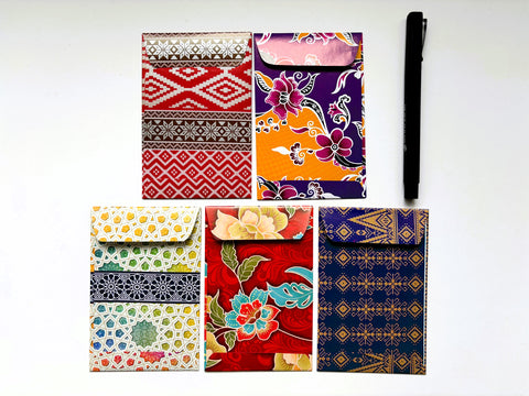 Updated bright festive batik money envelopes on glossy paper for Eid--set of 5 in wide and horizontal sizes