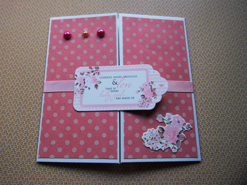 Baby girl pink polka dot square gatefold card