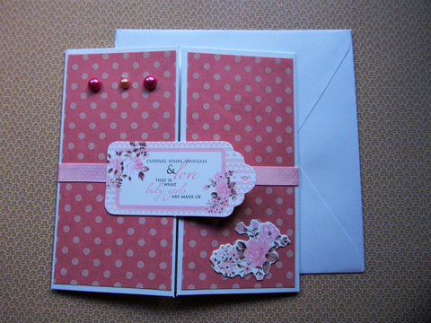 Baby girl pink polka dot square gatefold card