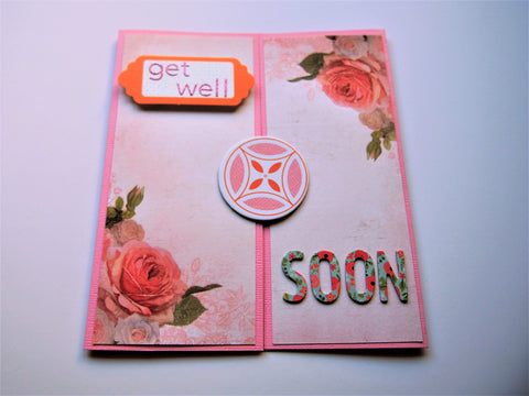 Get Well Soon gatefold card in pink, white and orange with floral decorations