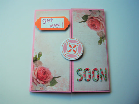 Get Well Soon gatefold card in pink, white and orange with floral decorations