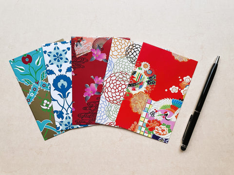 Bright and intricate money envelopes in wide design--set of 5 for Christmas and CNY in red and blue