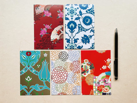 Bright and intricate money envelopes in wide design--set of 5 for Christmas and CNY in red and blue