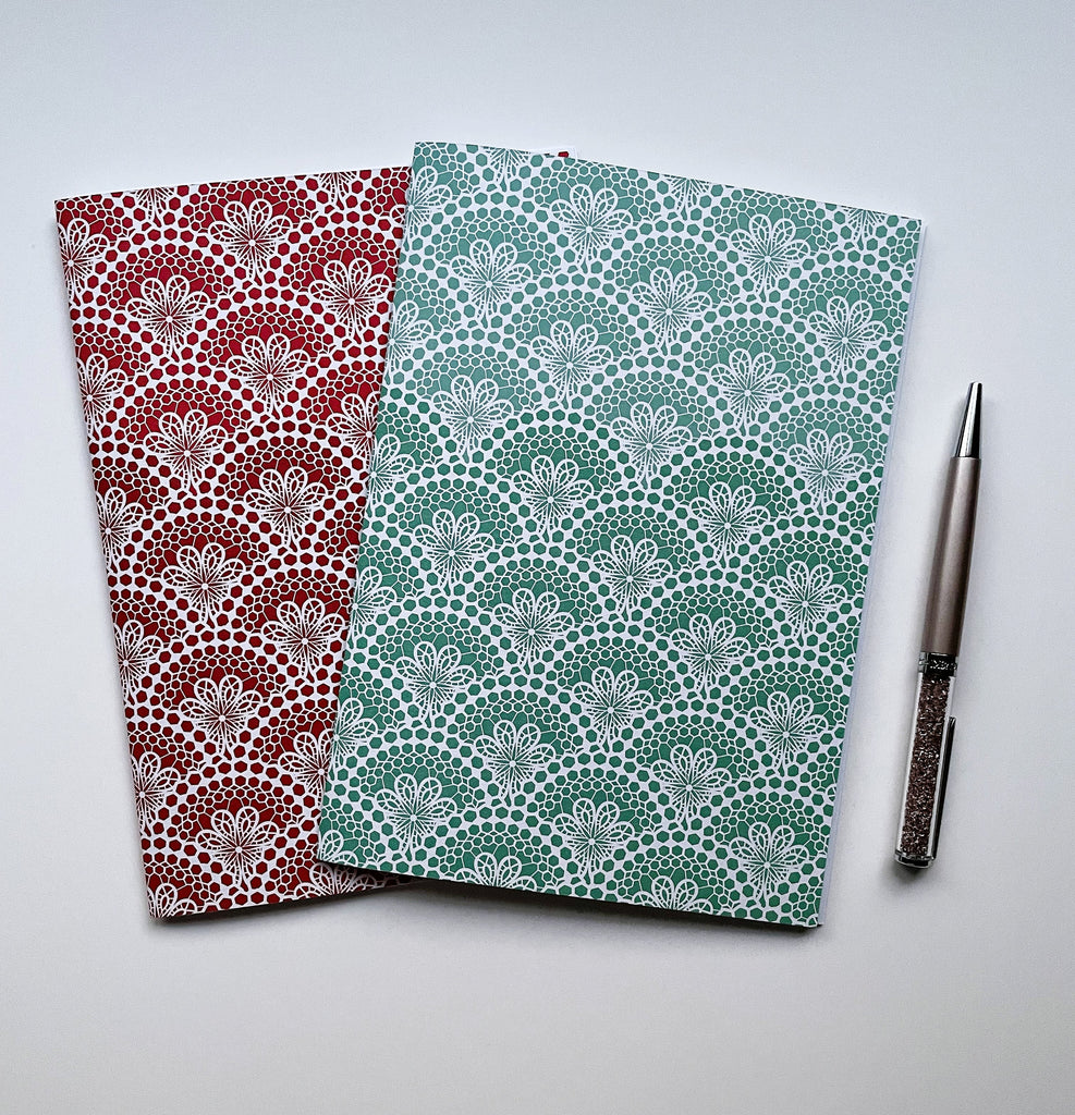 Green and red doilies set of 2 blank notebooks for Christmas, CNY, birthdays
