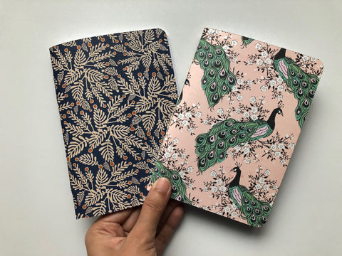 Peacocks and ferns hand-bound notebooks in A6 size--gift set of 2 notebooks
