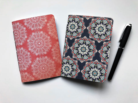 Mandalas in blue and red handbound notebooks in A6 size--gift set of 2 for yoga enthusiasts
