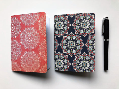 Mandalas in blue and red handbound notebooks in A6 size--gift set of 2 for yoga enthusiasts