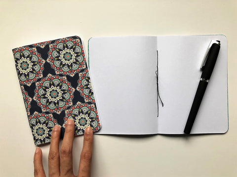 Mandalas in blue and red handbound notebooks in A6 size--gift set of 2 for yoga enthusiasts