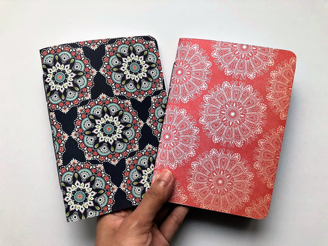 Mandalas in blue and red handbound notebooks in A6 size--gift set of 2 for yoga enthusiasts