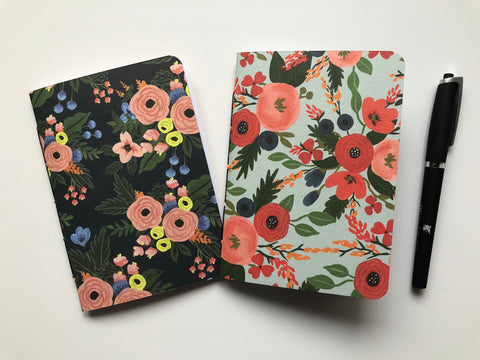 Orange peonies hand-bound notebooks on black and sage green--set of 2