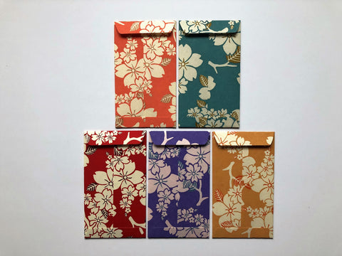 Japanese floral branches money envelopes--limited edition set of 5 in tall design--Set A
