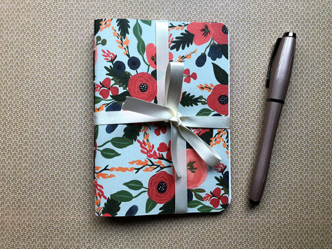 Orange peonies hand-bound notebooks on black and sage green--set of 2