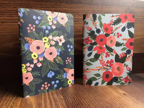 Orange peonies hand-bound notebooks on black and sage green--set of 2