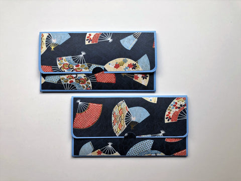 Gold fans on blue long money envelopes--set of 2 for Christmas and Chinese New Year