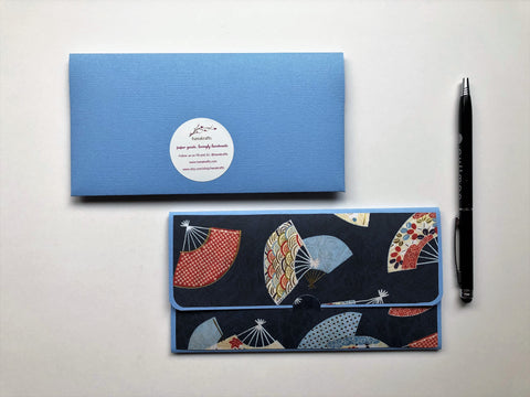 Gold fans on blue long money envelopes--set of 2 for Christmas and Chinese New Year