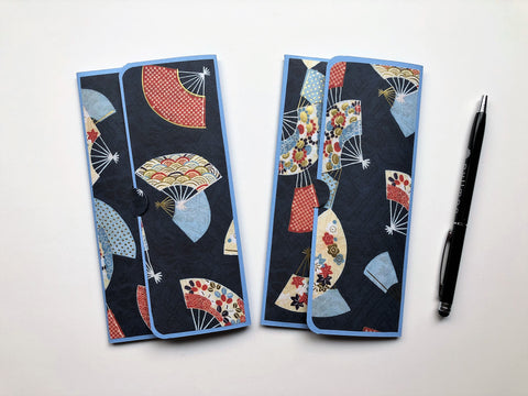 Gold fans on blue long money envelopes--set of 2 for Christmas and Chinese New Year