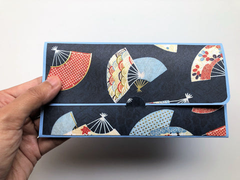 Gold fans on blue long money envelopes--set of 2 for Christmas and Chinese New Year