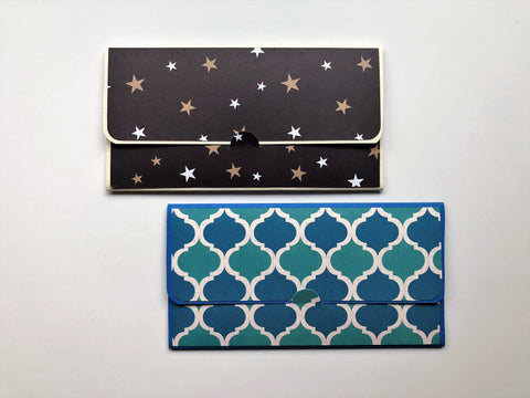 Gold stars and blue tile long money envelopes--set of 2 for Christmas