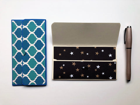 Gold stars and blue tile long money envelopes--set of 2 for Christmas