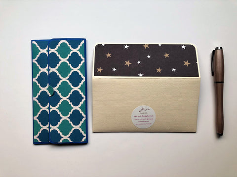 Gold stars and blue tile long money envelopes--set of 2 for Christmas