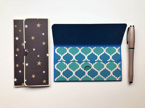 Gold stars and blue tile long money envelopes--set of 2 for Christmas