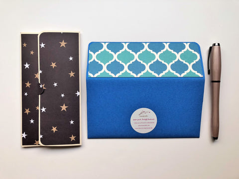 Gold stars and blue tile long money envelopes--set of 2 for Christmas