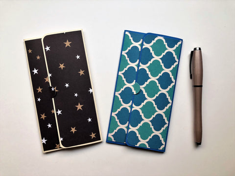 Gold stars and blue tile long money envelopes--set of 2 for Christmas