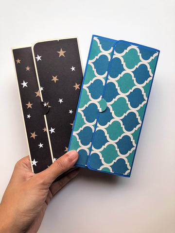 Gold stars and blue tile long money envelopes--set of 2 for Christmas