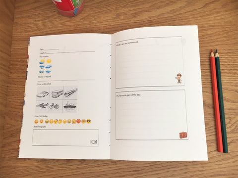 Children's hand-bound travel journal with exclusively designed activity pages in colour and a visible coptic stitch