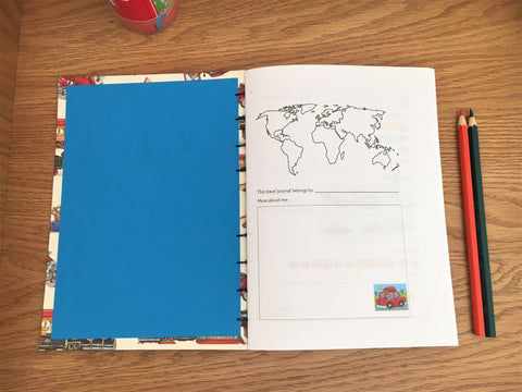 Children's hand-bound travel journal with exclusively designed activity pages in colour and a visible coptic stitch